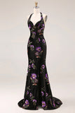 Sparkly Black Floral Halter Mermaid Long Prom Dress with Slit