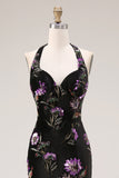 Sparkly Black Floral Halter Mermaid Long Prom Dress with Slit