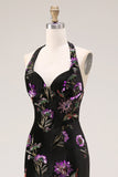 Sparkly Black Floral Halter Mermaid Long Prom Dress with Slit
