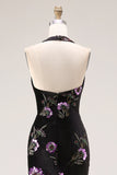 Sparkly Black Floral Halter Mermaid Long Prom Dress with Slit
