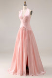BIush Pink Satin Halter A Line Long Prom Dress with Slit