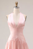 BIush Pink Satin Halter A Line Long Prom Dress with Slit