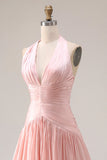 BIush Pink Satin Halter A Line Long Prom Dress with Slit