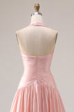 BIush Pink Satin Halter A Line Long Prom Dress with Slit