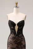 Sparkly Black Lace Floral Mermaid Long Corset Prom Dress with Keyhole