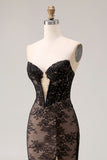 Sparkly Black Lace Floral Mermaid Long Corset Prom Dress with Keyhole