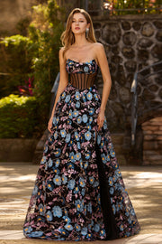 Floral Black Strapless A Line Maxi Corset Prom Dress with Slit