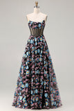 Floral Black Strapless A-Line Long Corset Prom Dress