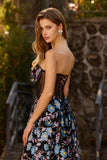 Floral Black Strapless A Line Maxi Corset Prom Dress with Slit