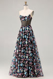 Floral Black Strapless A-Line Long Corset Prom Dress