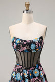 Floral Black Strapless A-Line Long Corset Prom Dress