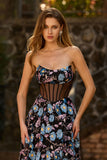 Floral Black Strapless A Line Maxi Corset Prom Dress with Slit
