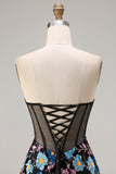 Floral Black Strapless A-Line Long Corset Prom Dress