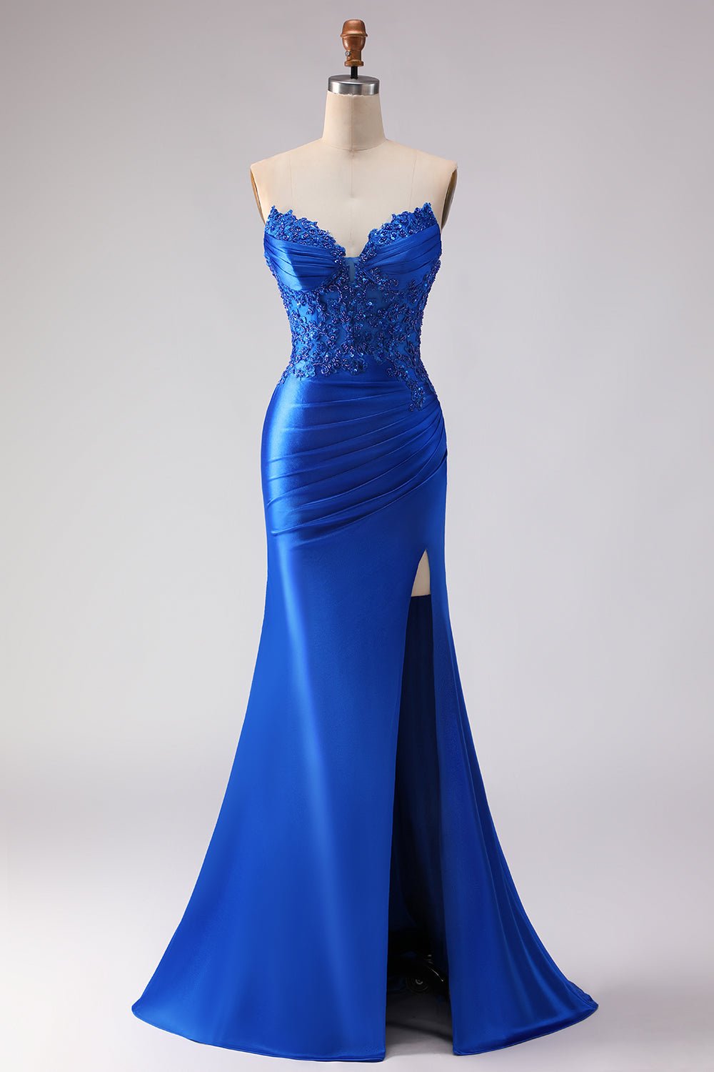 Leely Women Sparkly Royal Blue Beaded Mermaid Long Prom Dress with Slit
