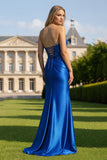 Sparkly Royal Blue Mermaid Sweetheart Ruched Long Prom Dress with Slit