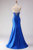 Royal Blue Beaded Satin Mermaid Long Prom Dress with Slit
