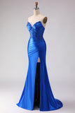 Royal Blue Beaded Satin Mermaid Long Prom Dress with Slit
