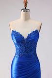 Royal Blue Beaded Satin Mermaid Long Prom Dress with Slit