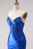 Royal Blue Beaded Satin Mermaid Long Prom Dress with Slit