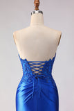 Royal Blue Beaded Satin Mermaid Long Prom Dress with Slit