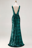 Sparkly Sequin Peacock Green V-Neck Long Prom Dress with Slit