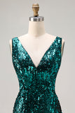 Sparkly Sequin Peacock Green V-Neck Long Prom Dress with Slit