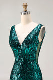 Sparkly Sequin Peacock Green V-Neck Long Prom Dress with Slit