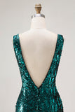 Sparkly Sequin Peacock Green V-Neck Long Prom Dress with Slit
