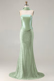 Sparkly Sage Green Mermaid Strapless Neck Scarf Long Prom Dress