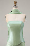 Sparkly Sage Green Mermaid Strapless Neck Scarf Long Prom Dress