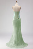 Sparkly Sage Green Mermaid Strapless Neck Scarf Long Prom Dress