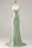 Sparkly Sage Green Mermaid Strapless Neck Scarf Long Prom Dress
