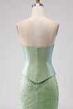 Sparkly Sage Green Mermaid Strapless Neck Scarf Long Prom Dress