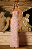 Sparkly Blush Pink Sheath Sequin Long Corset Floral Prom Dress