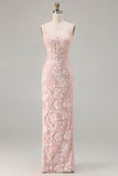 Sparkly Blush Pink Sheath Sequin Long Corset Floral Prom Dress