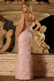 Sparkly Blush Pink Sheath Sequin Long Corset Floral Prom Dress