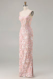 Sparkly Blush Pink Sheath Sequin Long Corset Floral Prom Dress