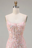 Sparkly Blush Pink Sheath Sequin Long Corset Floral Prom Dress