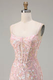 Sparkly Blush Pink Sheath Sequin Long Corset Floral Prom Dress