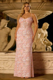 Sparkly Blush Pink Sheath Sequin Long Corset Floral Prom Dress