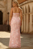 Sparkly Blush Pink Sheath Sequin Long Corset Floral Prom Dress