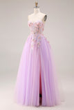 Floral Lilac Tulle Sweetheart A Line Long Corset Prom Dress with 3D Butterflies