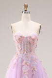 Floral Lilac Tulle Sweetheart A Line Long Corset Prom Dress with 3D Butterflies