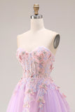 Floral Lilac Tulle Sweetheart A Line Long Corset Prom Dress with 3D Butterflies
