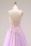 Floral Lilac Tulle Sweetheart A Line Long Corset Prom Dress with 3D Butterflies