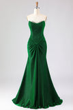 Sparkly Dark Green Ruched Mermaid Long Prom Dress with Rhinestone