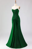 Sparkly Dark Green Ruched Mermaid Long Prom Dress with Rhinestone