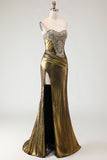 Sparkly Bronze Mermaid Long Metallic Sweetheart Prom Dress with Slit