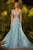 Floral Blue Sparkly Beaded Chiffon Maxi Corset Prom Dress with Slit