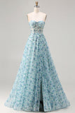 Sparkly Blue Floral Beaded Chiffon Long Corset Prom Dress with Slit